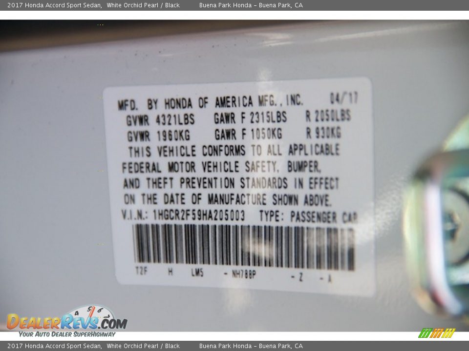 2017 Honda Accord Sport Sedan White Orchid Pearl / Black Photo #16