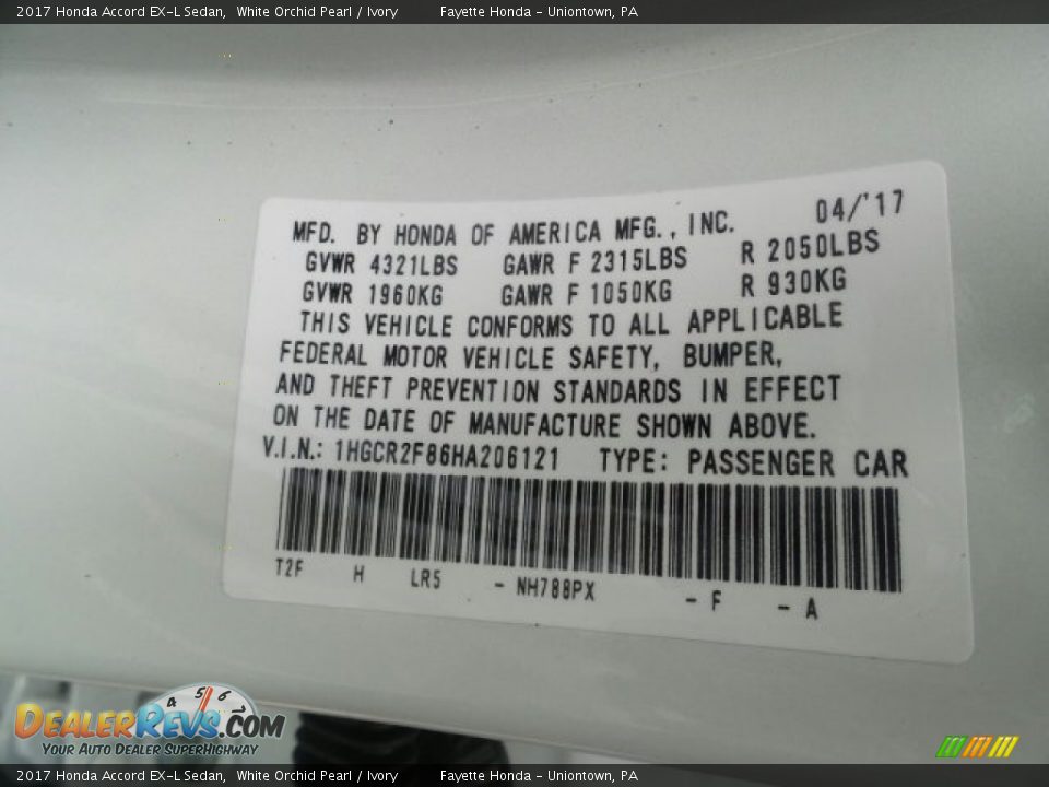 2017 Honda Accord EX-L Sedan White Orchid Pearl / Ivory Photo #8