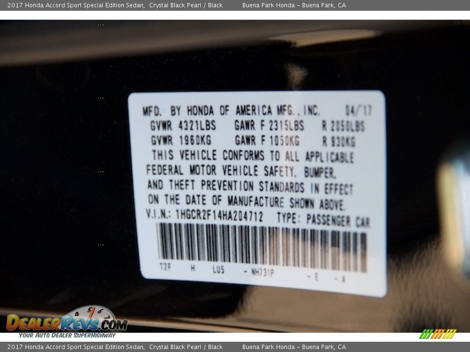 2017 Honda Accord Sport Special Edition Sedan Crystal Black Pearl / Black Photo #18