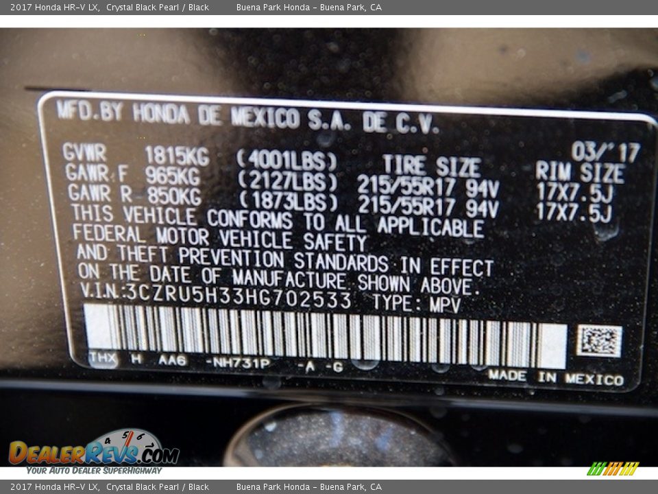 2017 Honda HR-V LX Crystal Black Pearl / Black Photo #18