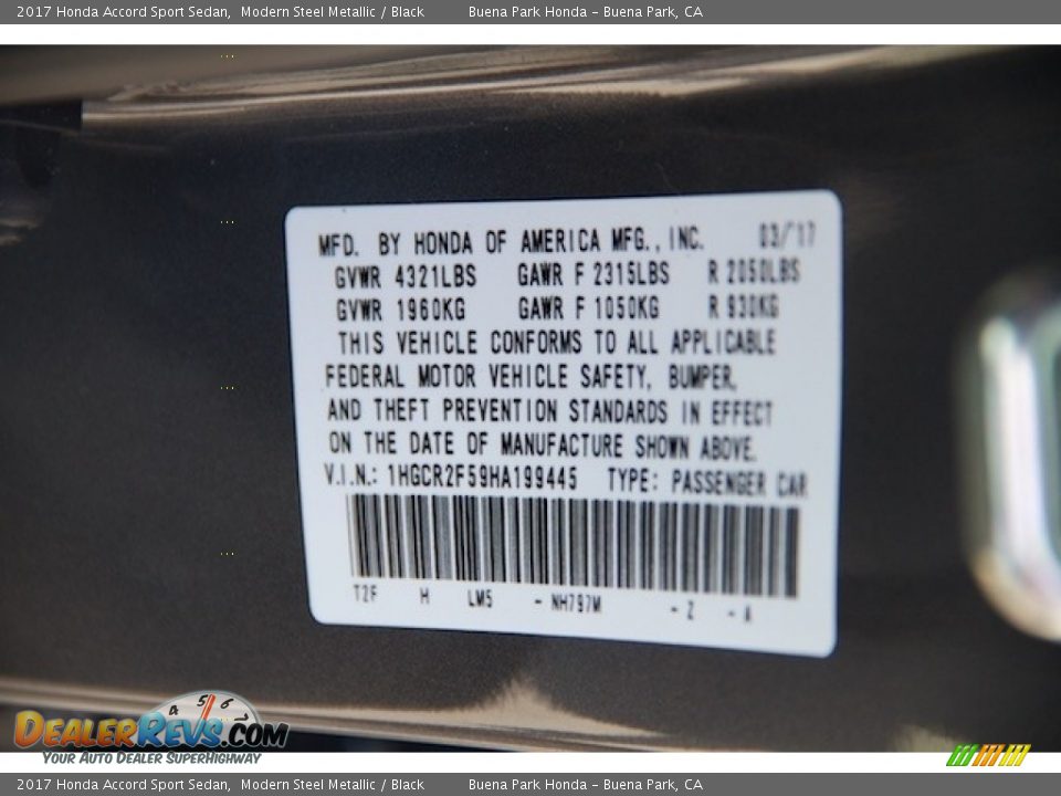 2017 Honda Accord Sport Sedan Modern Steel Metallic / Black Photo #16