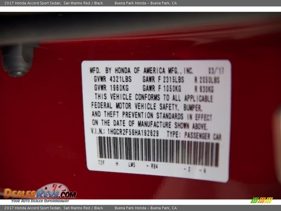 2017 Honda Accord Sport Sedan San Marino Red / Black Photo #16
