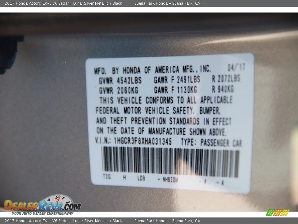 2017 Honda Accord EX-L V6 Sedan Lunar Silver Metallic / Black Photo #21