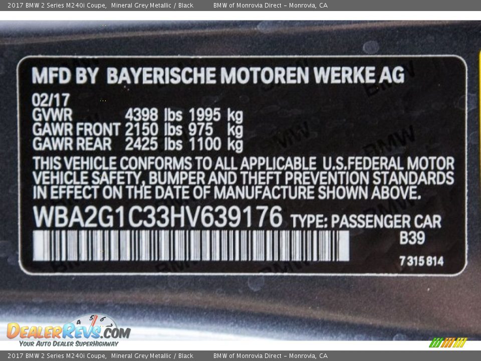 2017 BMW 2 Series M240i Coupe Mineral Grey Metallic / Black Photo #11