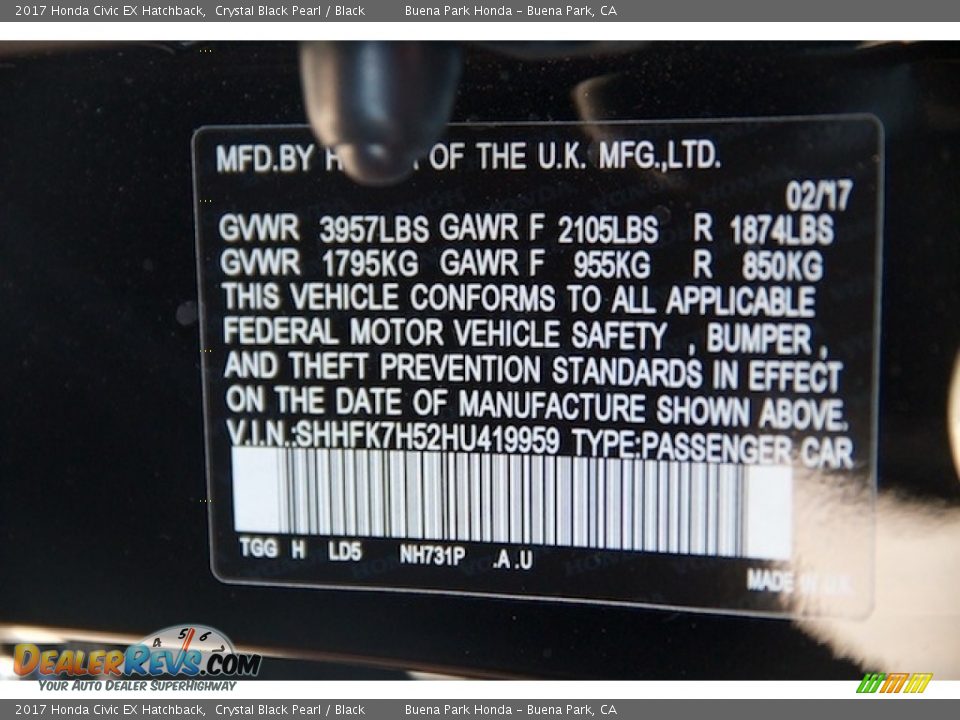 2017 Honda Civic EX Hatchback Crystal Black Pearl / Black Photo #20