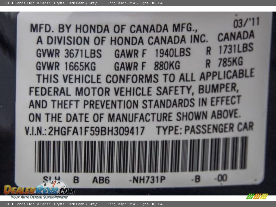 2011 Honda Civic LX Sedan Crystal Black Pearl / Gray Photo #32