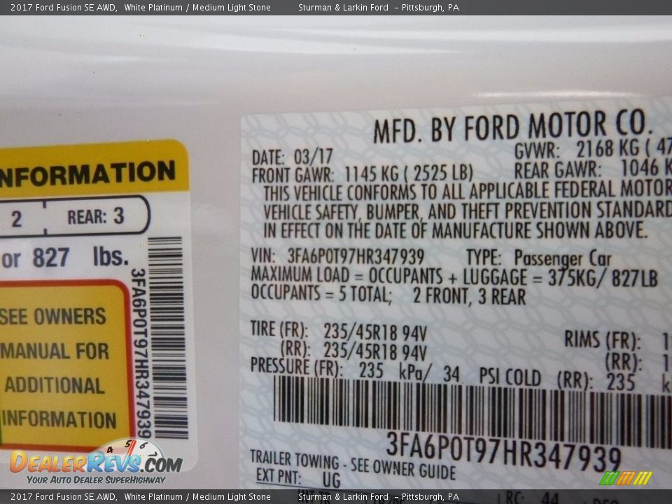 2017 Ford Fusion SE AWD White Platinum / Medium Light Stone Photo #11