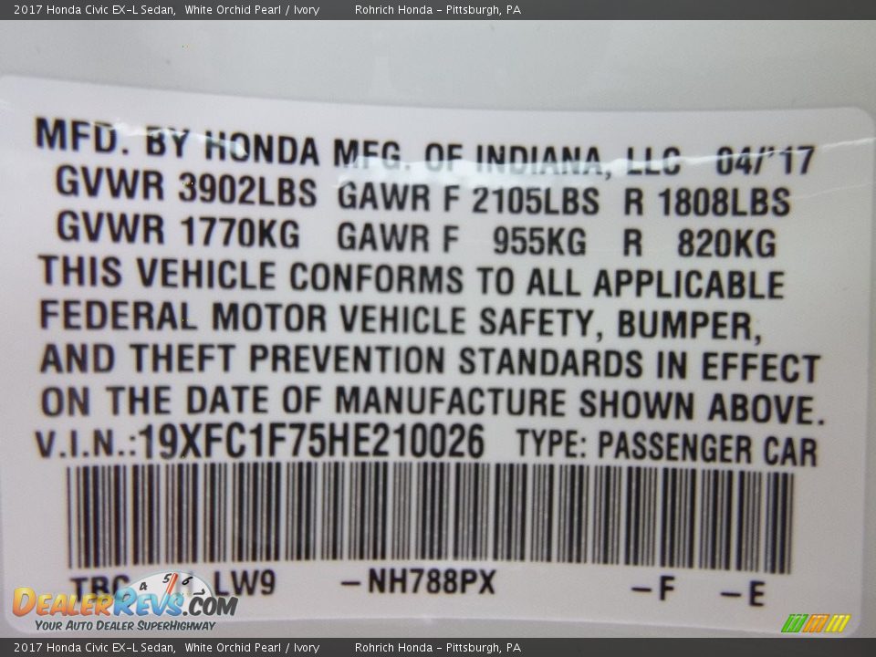 2017 Honda Civic EX-L Sedan White Orchid Pearl / Ivory Photo #10