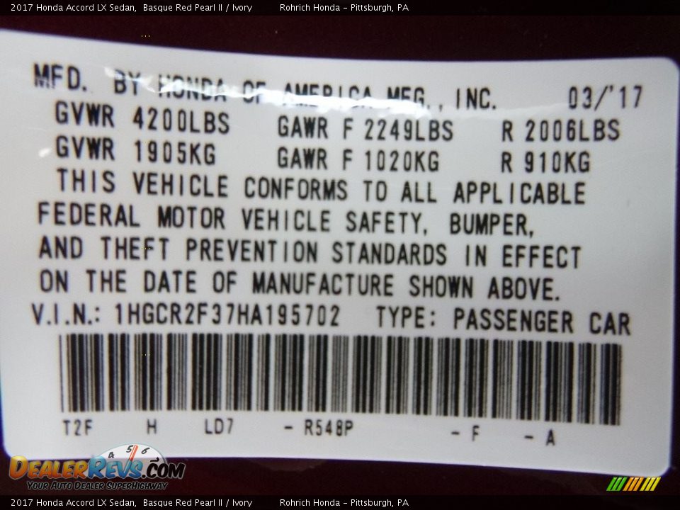 2017 Honda Accord LX Sedan Basque Red Pearl II / Ivory Photo #10