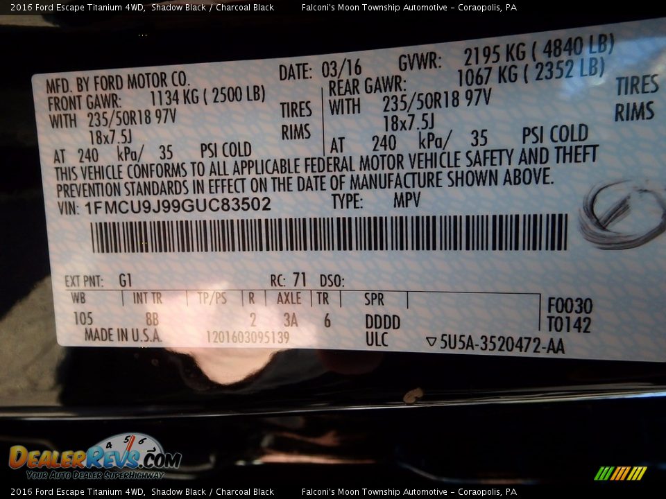 2016 Ford Escape Titanium 4WD Shadow Black / Charcoal Black Photo #23