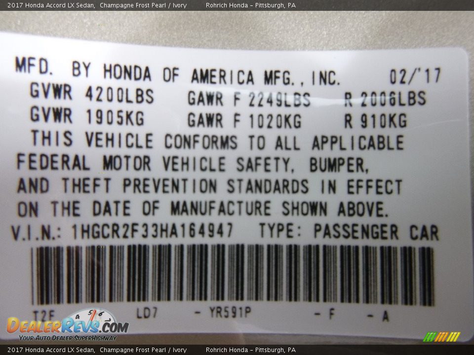2017 Honda Accord LX Sedan Champagne Frost Pearl / Ivory Photo #10