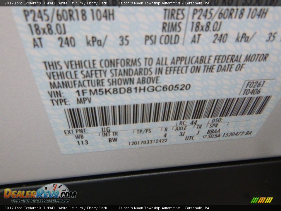 2017 Ford Explorer XLT 4WD White Platinum / Ebony Black Photo #11
