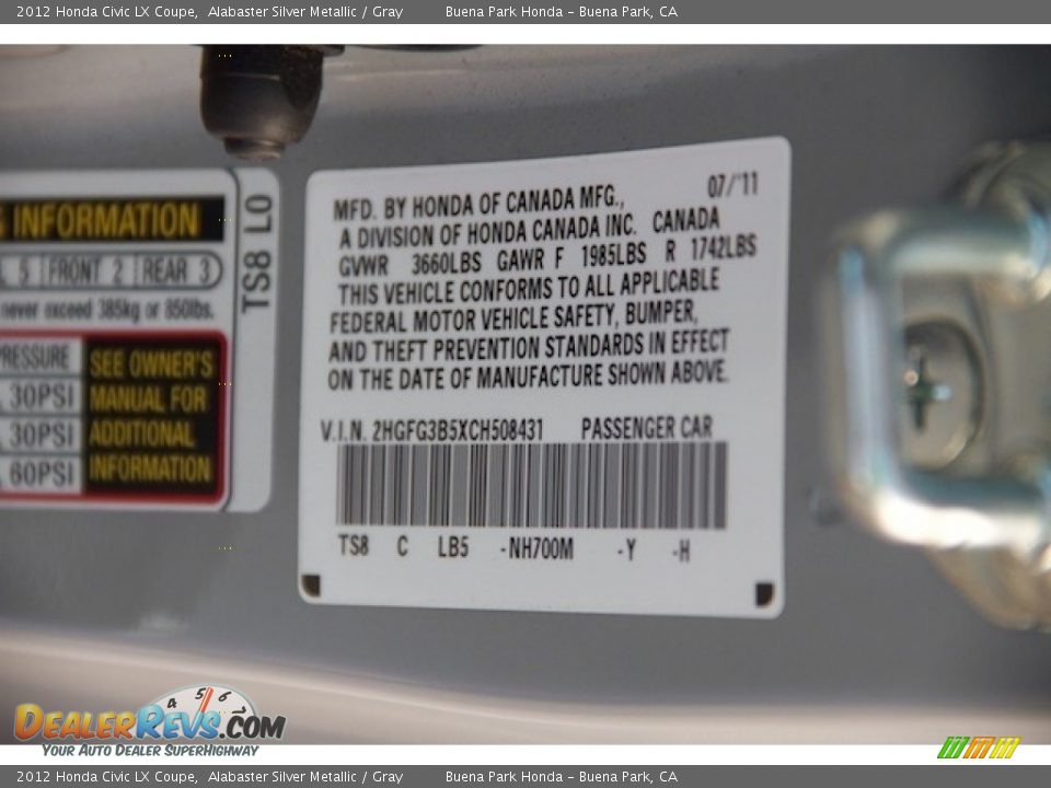 2012 Honda Civic LX Coupe Alabaster Silver Metallic / Gray Photo #24