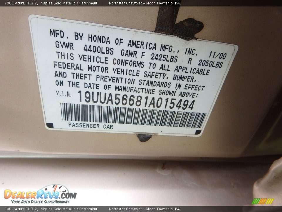 2001 Acura TL 3.2 Naples Gold Metallic / Parchment Photo #15