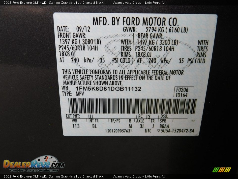 2013 Ford Explorer XLT 4WD Sterling Gray Metallic / Charcoal Black Photo #13