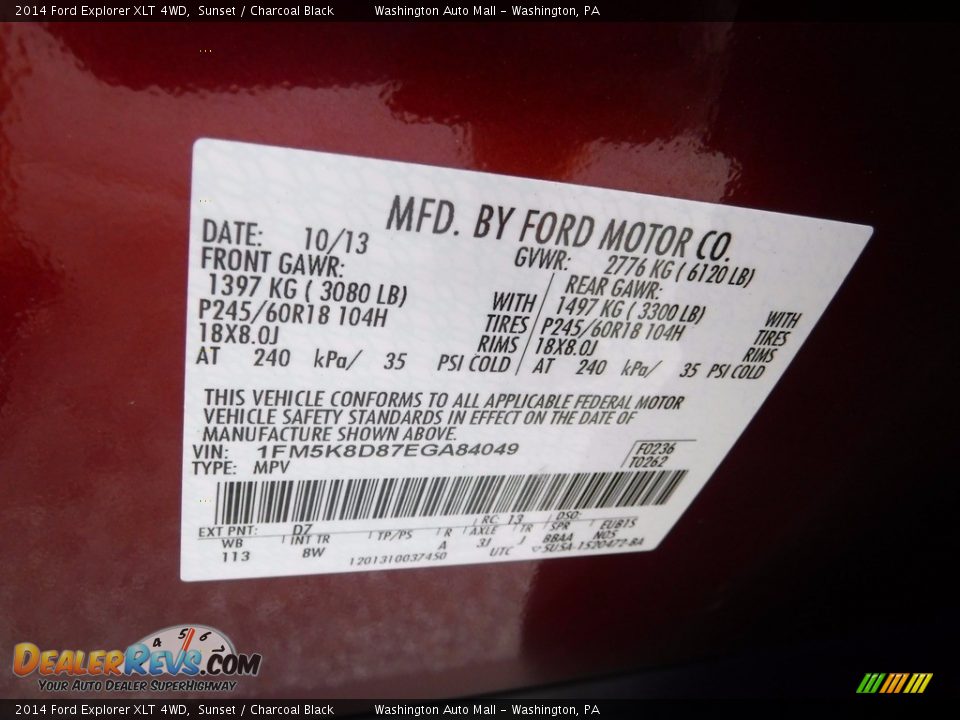 2014 Ford Explorer XLT 4WD Sunset / Charcoal Black Photo #29