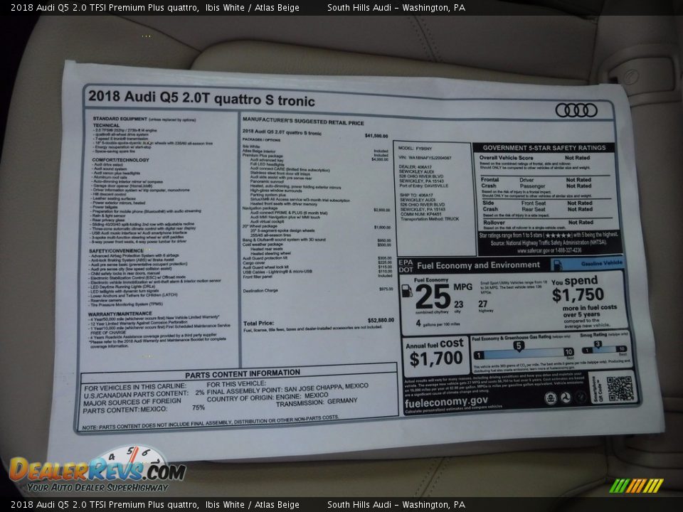 2018 Audi Q5 2.0 TFSI Premium Plus quattro Ibis White / Atlas Beige Photo #6