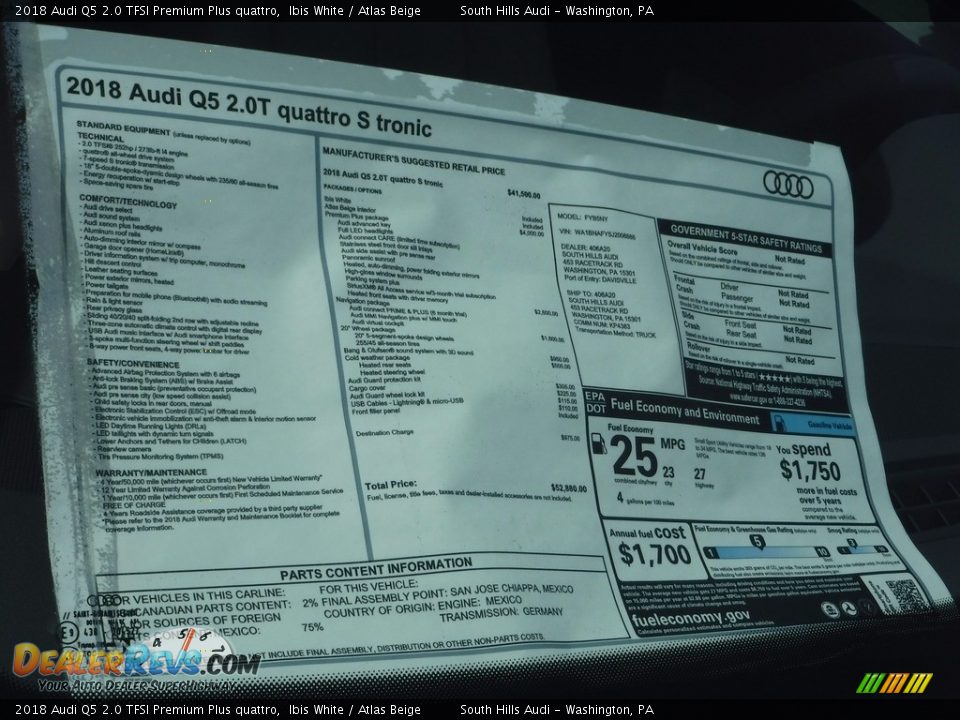 2018 Audi Q5 2.0 TFSI Premium Plus quattro Window Sticker Photo #9