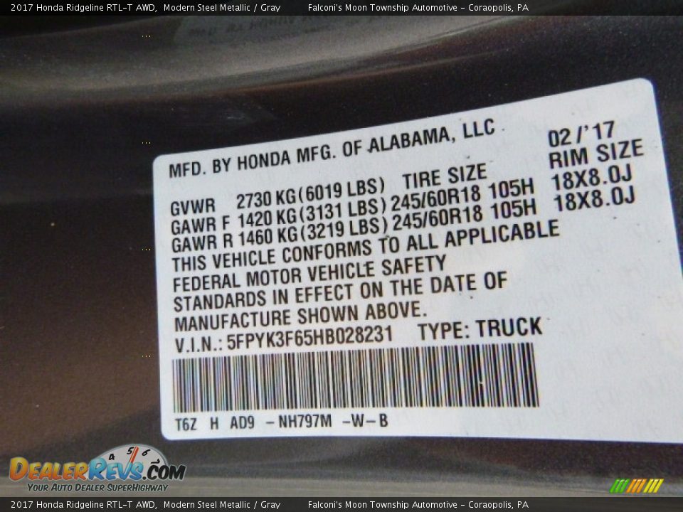 2017 Honda Ridgeline RTL-T AWD Modern Steel Metallic / Gray Photo #13