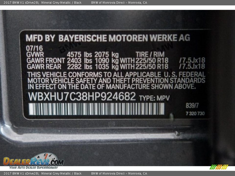 2017 BMW X1 sDrive28i Mineral Grey Metallic / Black Photo #7