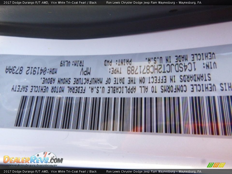 2017 Dodge Durango R/T AWD Vice White Tri-Coat Pearl / Black Photo #13
