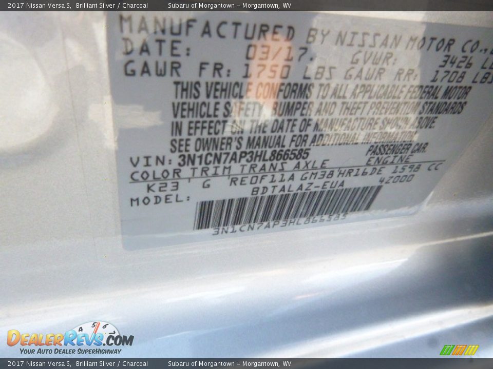 2017 Nissan Versa S Brilliant Silver / Charcoal Photo #15