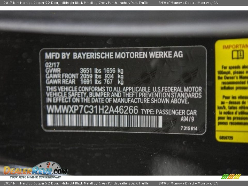 2017 Mini Hardtop Cooper S 2 Door Midnight Black Metallic / Cross Punch Leather/Dark Truffle Photo #10