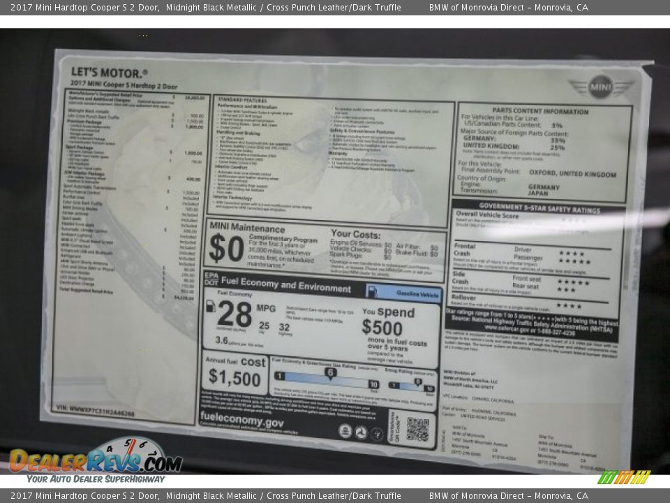 2017 Mini Hardtop Cooper S 2 Door Midnight Black Metallic / Cross Punch Leather/Dark Truffle Photo #11