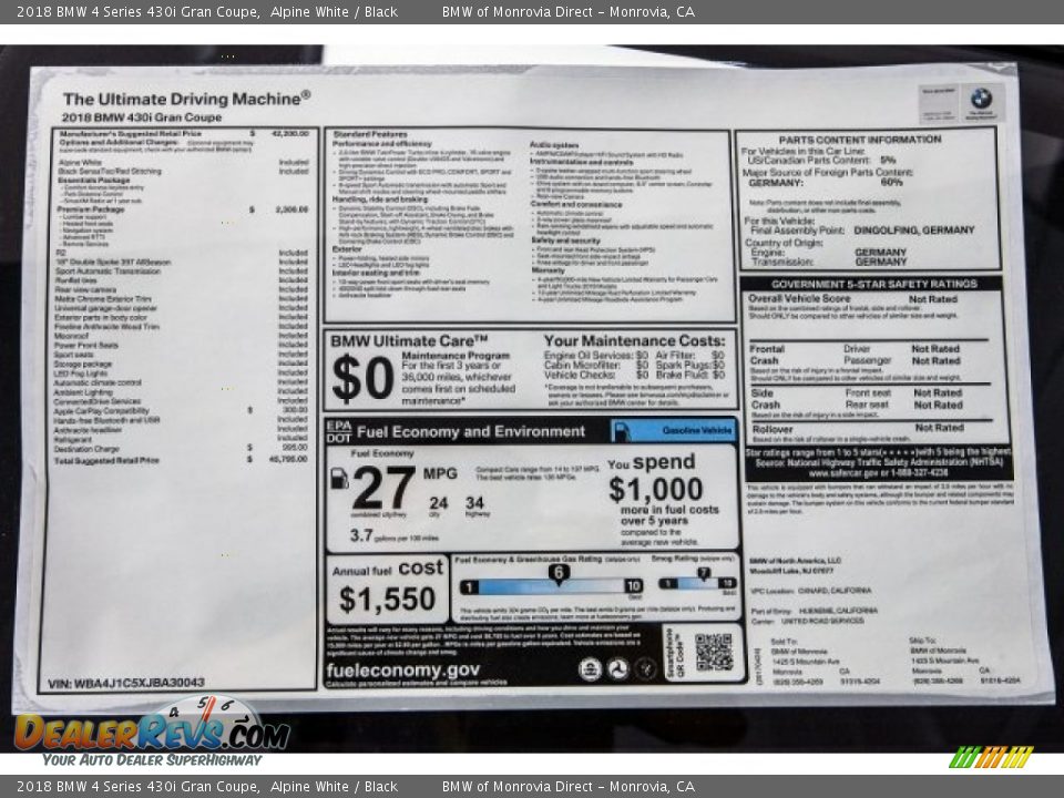 2018 BMW 4 Series 430i Gran Coupe Alpine White / Black Photo #10