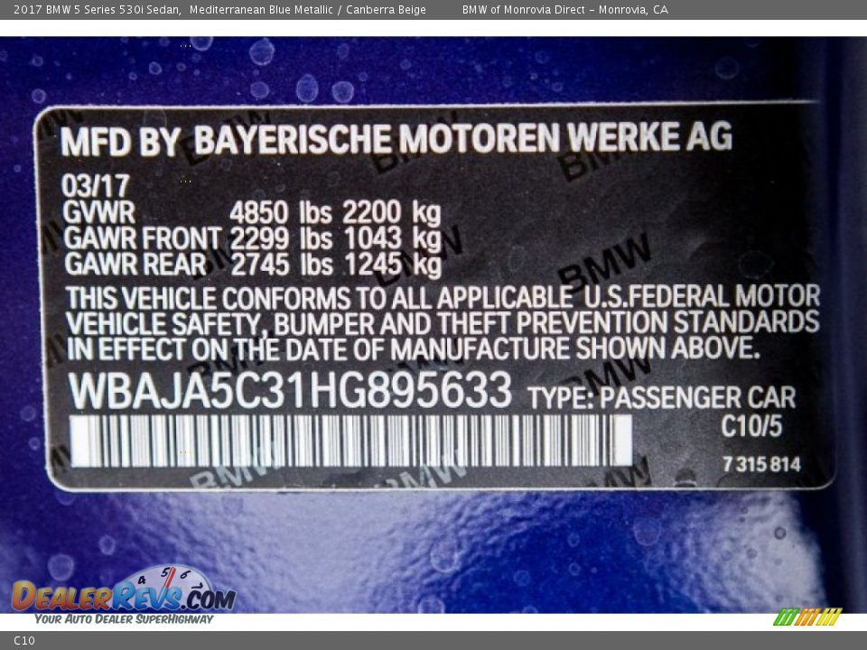 BMW Color Code C10 Mediterranean Blue Metallic