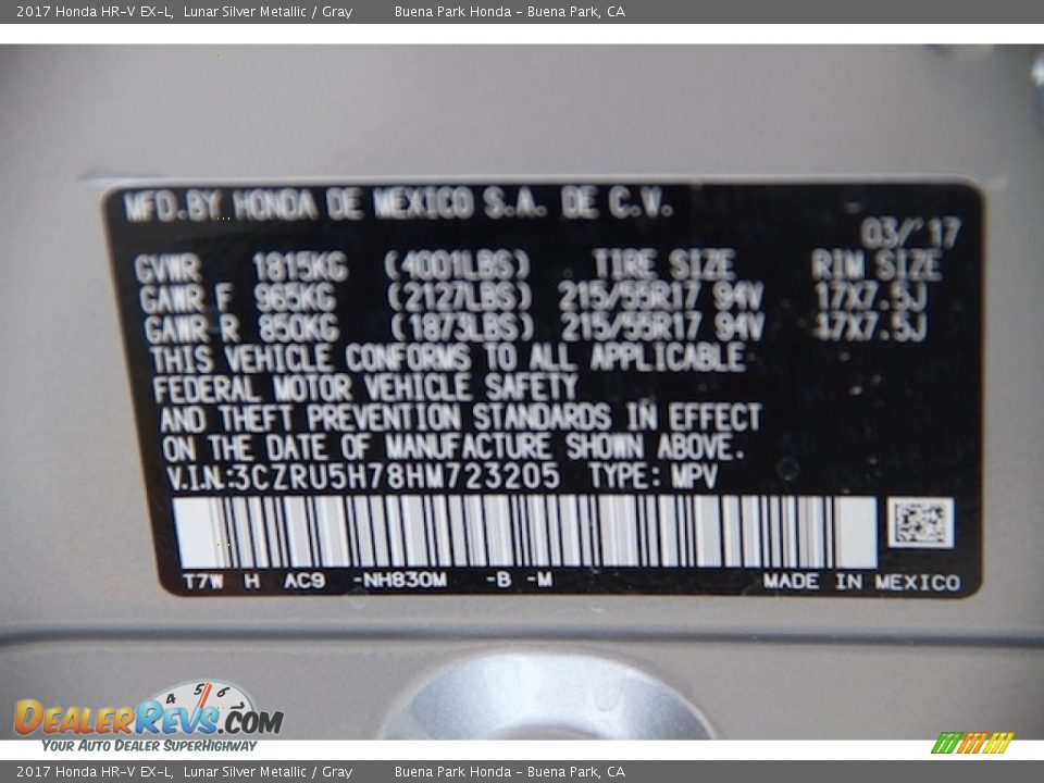 2017 Honda HR-V EX-L Lunar Silver Metallic / Gray Photo #18