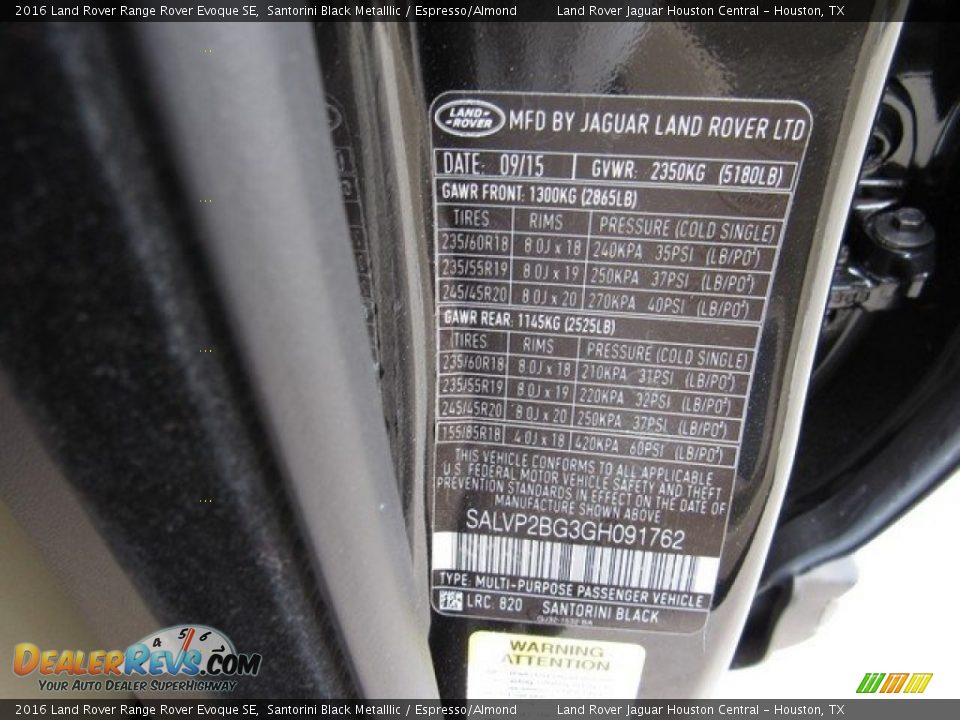 2016 Land Rover Range Rover Evoque SE Santorini Black Metalllic / Espresso/Almond Photo #22