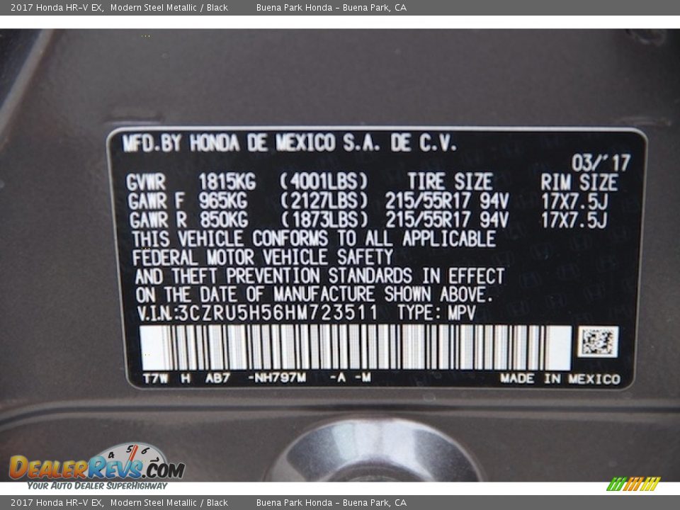 2017 Honda HR-V EX Modern Steel Metallic / Black Photo #19