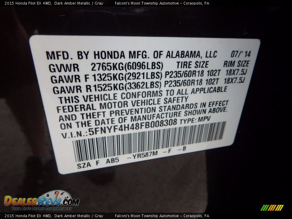 2015 Honda Pilot EX 4WD Dark Amber Metallic / Gray Photo #23