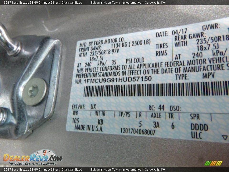 2017 Ford Escape SE 4WD Ingot Silver / Charcoal Black Photo #13