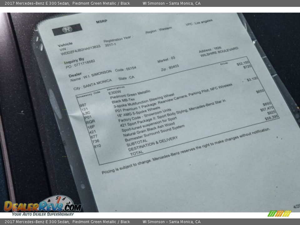 2017 Mercedes-Benz E 300 Sedan Piedmont Green Metallic / Black Photo #10
