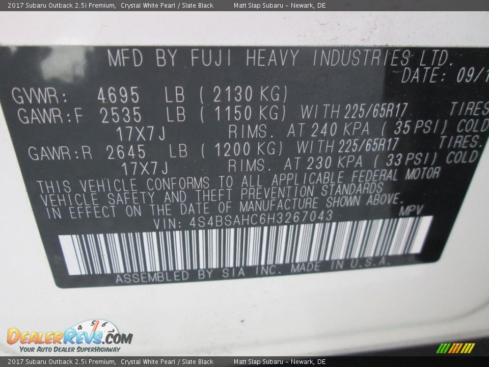2017 Subaru Outback 2.5i Premium Crystal White Pearl / Slate Black Photo #28