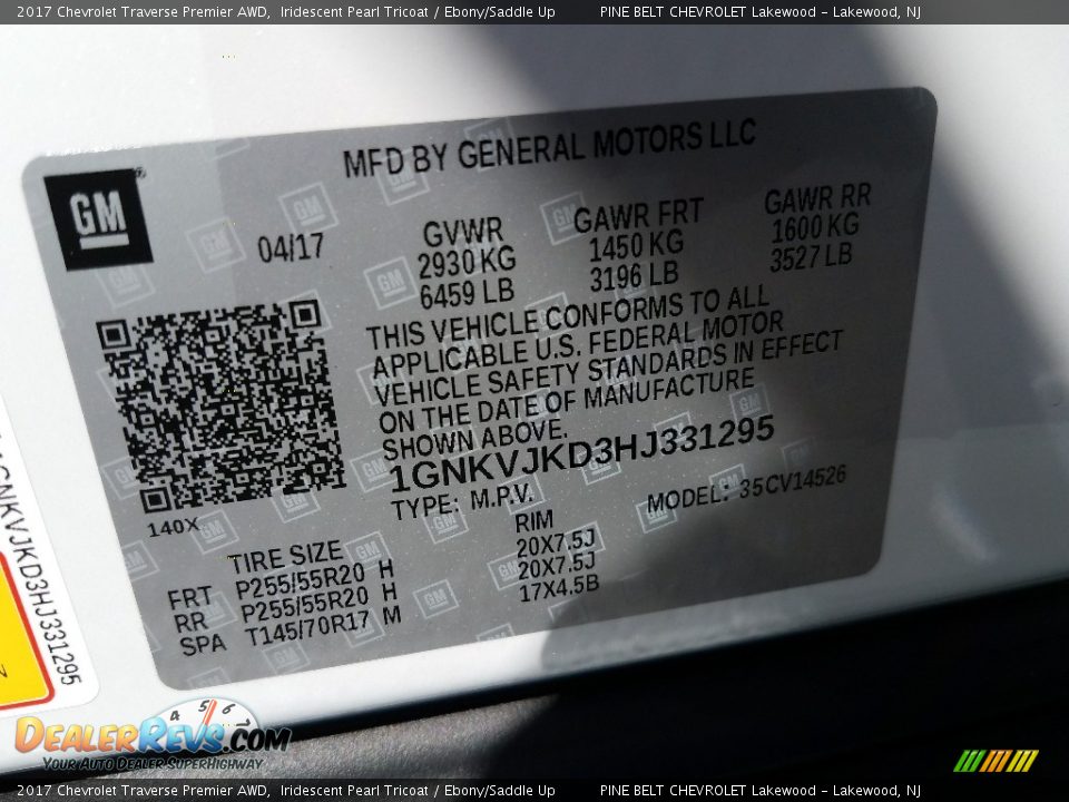 2017 Chevrolet Traverse Premier AWD Iridescent Pearl Tricoat / Ebony/Saddle Up Photo #9