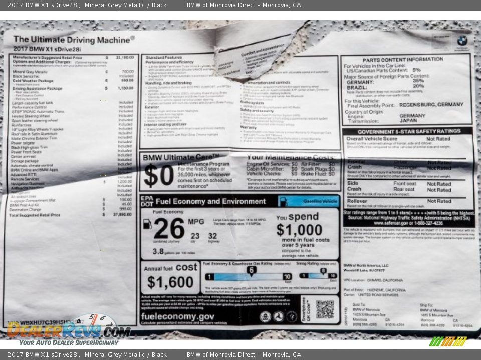 2017 BMW X1 sDrive28i Mineral Grey Metallic / Black Photo #10