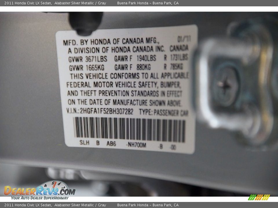 2011 Honda Civic LX Sedan Alabaster Silver Metallic / Gray Photo #28