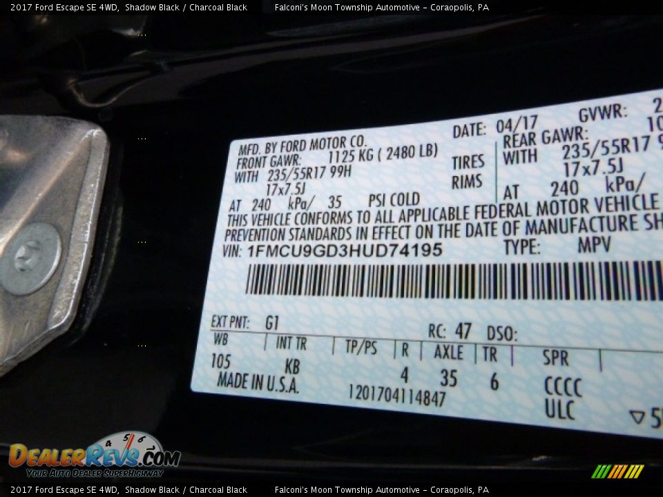 2017 Ford Escape SE 4WD Shadow Black / Charcoal Black Photo #12