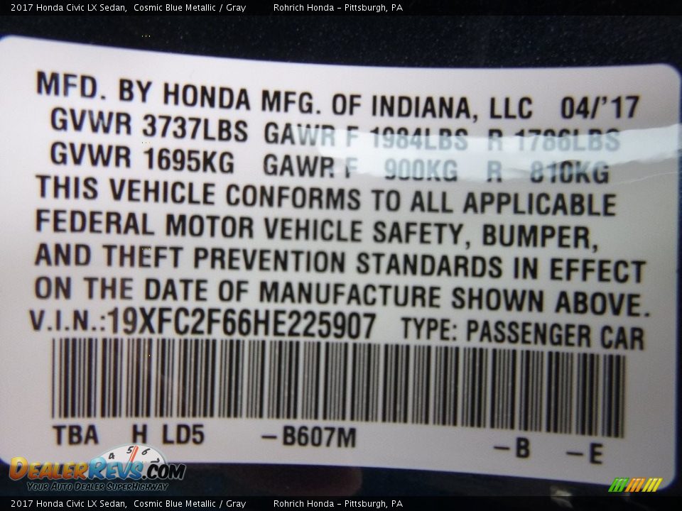 2017 Honda Civic LX Sedan Cosmic Blue Metallic / Gray Photo #10