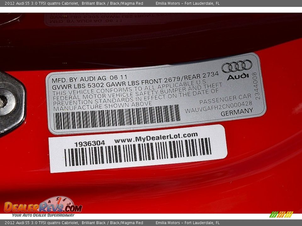 2012 Audi S5 3.0 TFSI quattro Cabriolet Brilliant Black / Black/Magma Red Photo #55