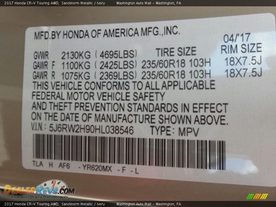 2017 Honda CR-V Touring AWD Sandstorm Metallic / Ivory Photo #8