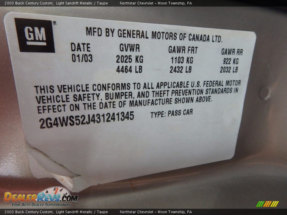2003 Buick Century Custom Light Sandrift Metallic / Taupe Photo #14