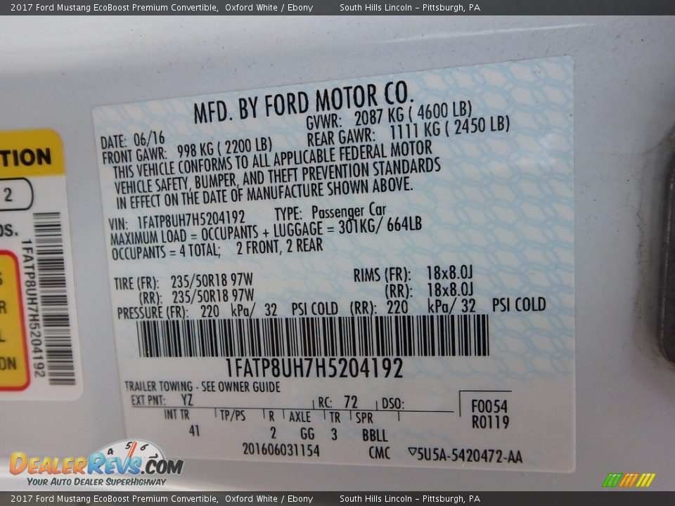 2017 Ford Mustang EcoBoost Premium Convertible Oxford White / Ebony Photo #23