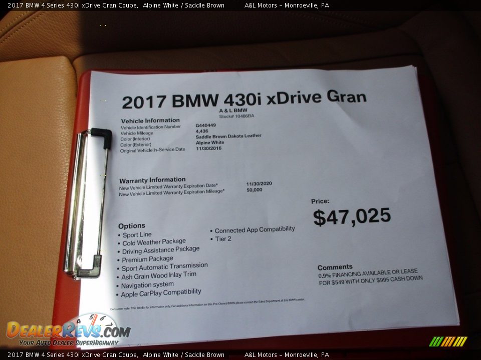 2017 BMW 4 Series 430i xDrive Gran Coupe Alpine White / Saddle Brown Photo #12