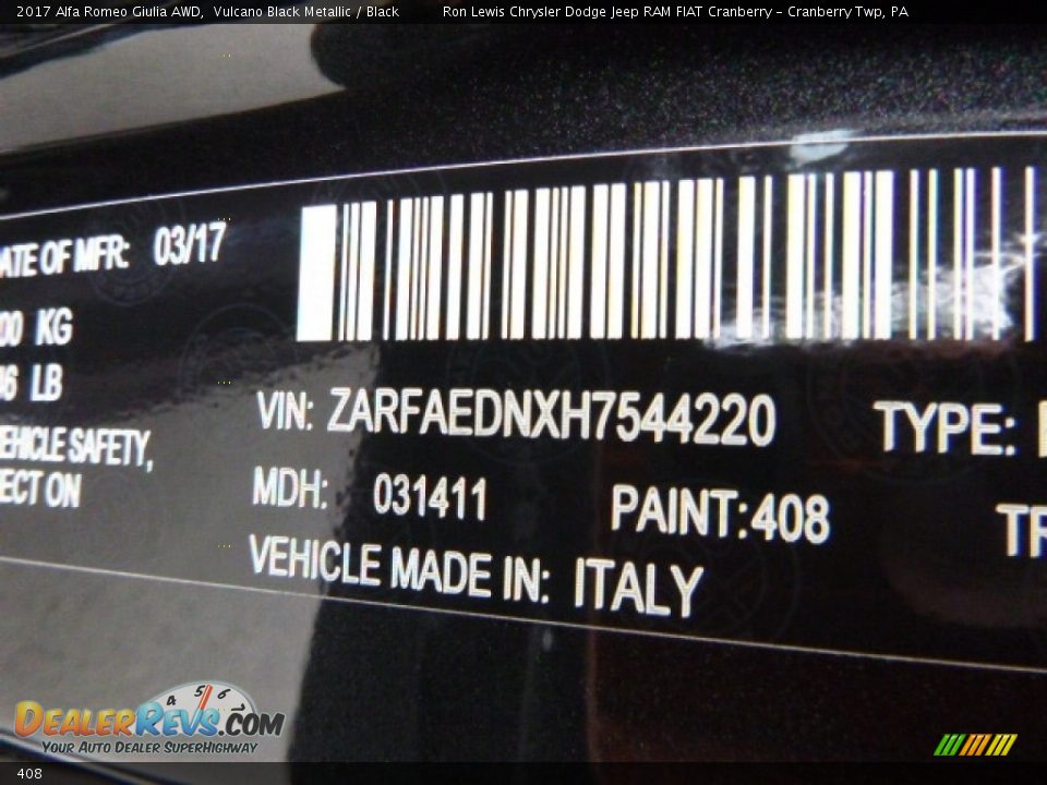 Alfa Romeo Color Code 408 Vulcano Black Metallic