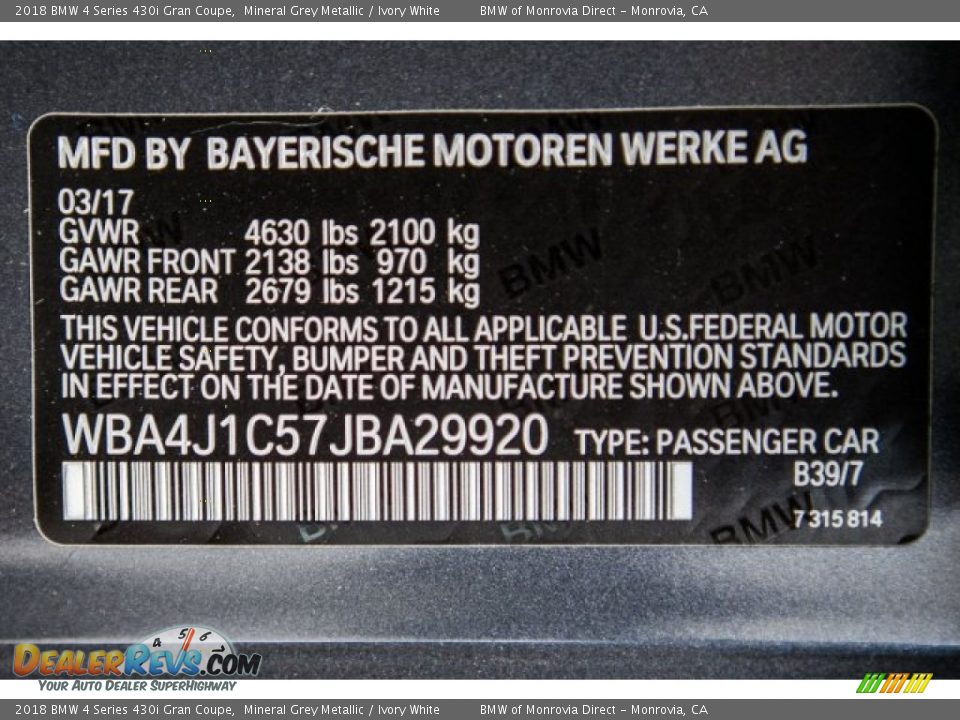 2018 BMW 4 Series 430i Gran Coupe Mineral Grey Metallic / Ivory White Photo #11
