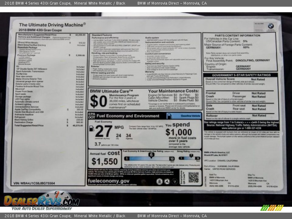 2018 BMW 4 Series 430i Gran Coupe Mineral White Metallic / Black Photo #10